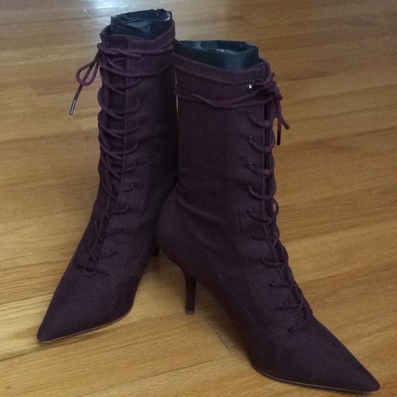 Yeezy Shoes - YEEZY Oxblood Stretch Canvas Lace Up Ankle Boots